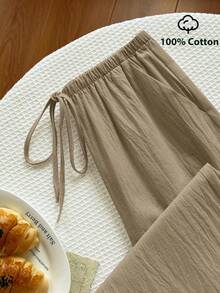 Elamini Pantalones largos casuales versátiles de unicolor con cintura de cordón para mujer, para uso diario y salidas - Caqui - Ver 3