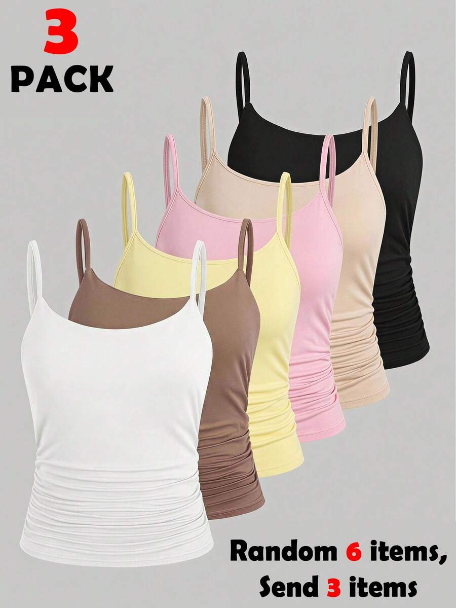 SHEIN 驚喜禮盒 [隨機 6 件商品，發送 3 件]青少年女孩背心與細肩帶背心，休閒舒適抓皺腰細肩帶背心，3 件套組 - 彩色 - 查看 1