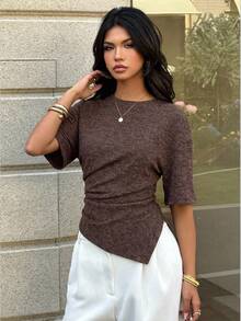 Aloruh Women's Casual Versatile Coffee Brown T-Shirt, Autumn T-Shirt, Round Neck T-Shirt, Waist-Cinching Asymmetrical T-Shirt Brunch Tops Going Out Tops - Rust Brown - View 5