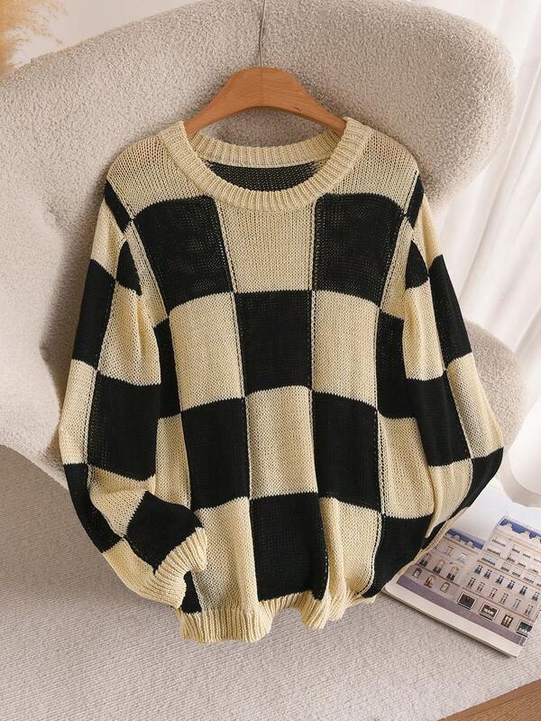 CosyJoli Plus Size Women's Fashion Black & Yellow Color Block Double Layer Round Neck Long Sleeve Pullover Sweater, Casual Elegant Versatile Top For Spring, Summer, Autumn
