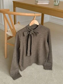 Dazy Tall Sweater Pullover Kasual Wanita dengan Pita dan Tali untuk Musim Gugur - Coklat - View 7