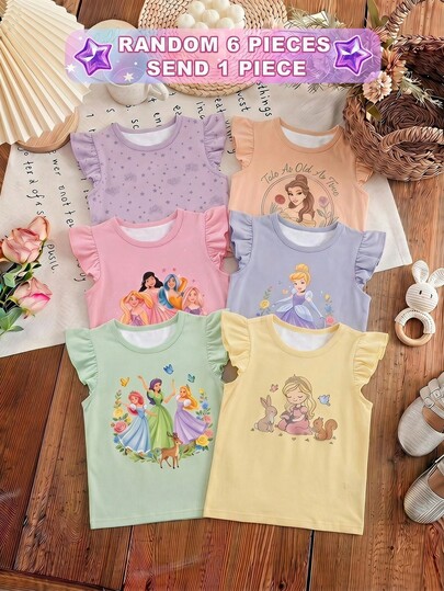 Camiseta casual y dulce estilo princesa para bebé niña (1 paquete): Con cuello redondo y mangas de volantes, adornada con un estampado de princesa y flores;