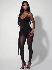 Amplova Women's Triangle Cup Fine Strap Criss-Cross Adjustable Wrap-Around Tight Mesh Satin Jumpsuit - Black - View 3