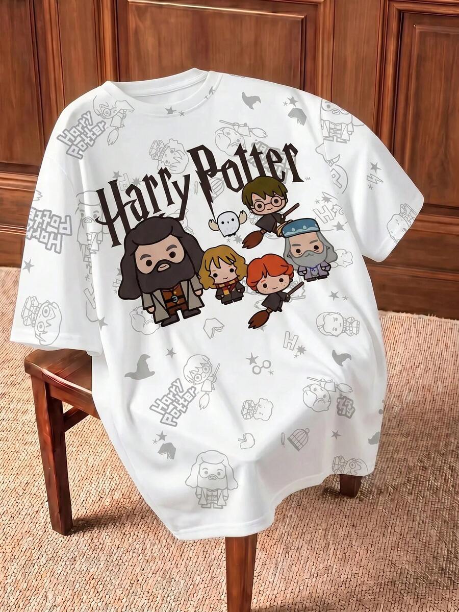 HARRY POTTER X SHEIN 女士休闲可爱卡通字母图案短袖T恤,夏季 - 白色 - 查看 1