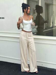 Aloruh 女款高腰鈕扣卡其色與白色條紋寬鬆休閒優雅法式長褲，適合日常穿著、早午餐、辦公室、峇里島度假海灘、秋季 - 卡其色 - 查看 7