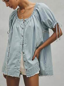 Bohemela Casual Solid Color Woven Loose Fit Women's Shirt Vacation Light Blue Summer - Blue - View 1