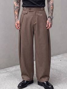 HIMLAND Pantalones holgados a rayas con diseño de hebilla en la cintura para hombre - Café integral - Ver 3