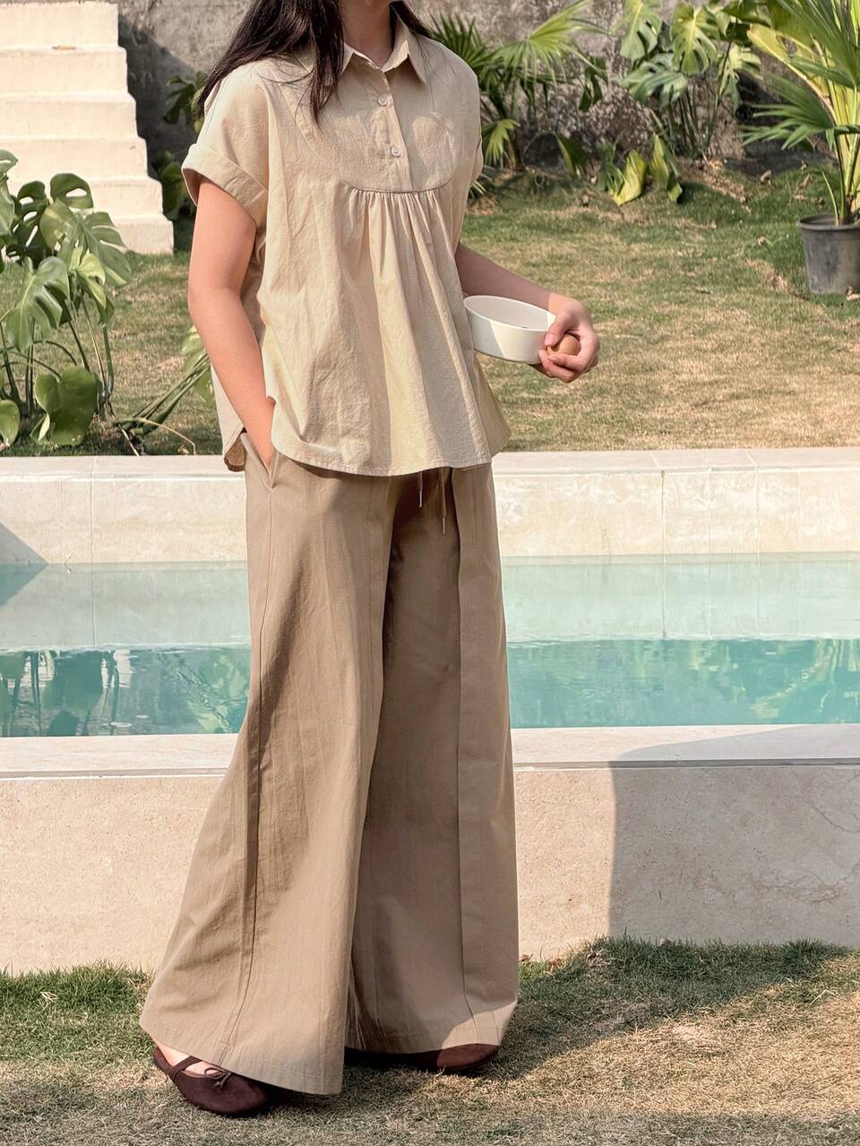 2pcs Tween Girls Collared Short Sleeve Shirt And Wide Leg Pants Set, Fall Outfit