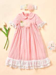 SHEIN Vestido Elegante para Bebê Recém-Nascida com Gola Peter Pan, Manga Longa e Cintura Marcada, com Faixa de Cabeça, 2 Peças/Conjunto - Rosa chiclete - Visão 6