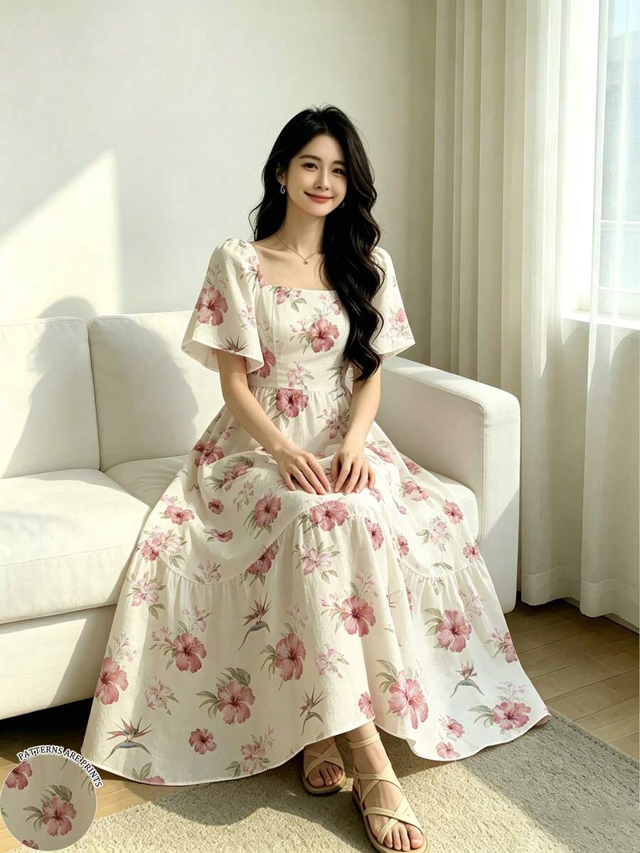 Modelyn 芙蓉花与天堂鸟碎花浅黄色连衣裙,女士时尚方领泡泡袖荷叶边下摆连衣裙,夏季度假风波西米亚连衣裙 - 彩色 - 查看 1