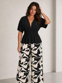 ELLERISSA Plus Size Black Kimono Top & Printed Trousers Co-Ord Set - Black - View 6