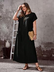 EMERY ROSE Plus Size Women's Black Boho Summer Autumn Casual Vacation Round Neck Short Sleeve Pocket Loose Flowy Long Dress,Simple Fashionable Holiday Outfits - Black - View 5