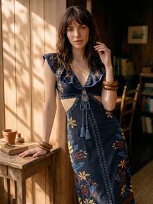 CAJUNI 女款花卉刺繡圖案百褶鏤空休閒派對洋裝 - 黑色 - 查看 4