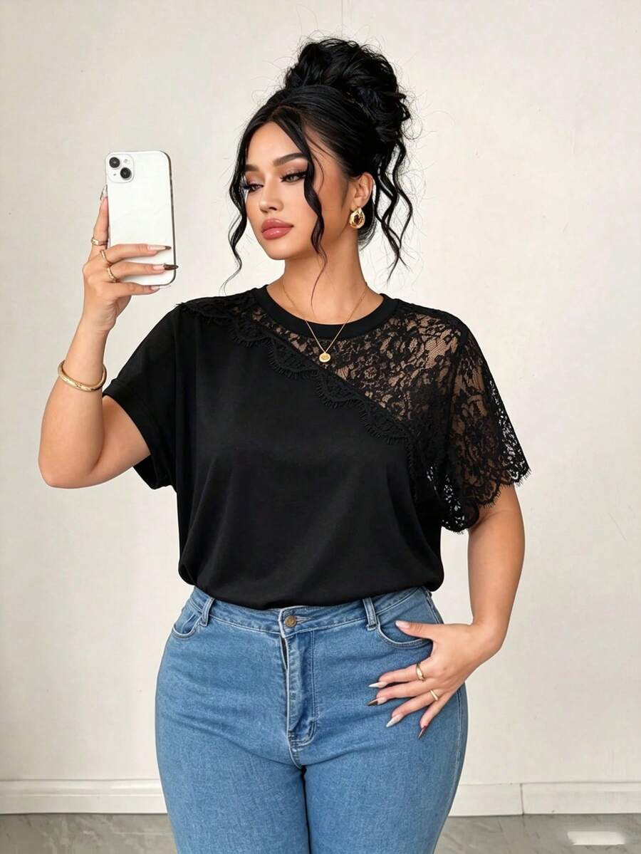 EMERY ROSE Camiseta casual de mujer de talla grande con parches de encaje, para uso diario y ocio - Negro - Ver 1
