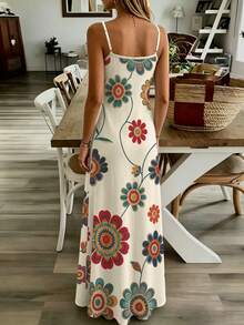 Summer Bohemian Boho Retro-Style Beige Print Fitted V-Neck Spaghetti-Strap Maxi Dress-Stylish A Vacation - Multicolor - View 2