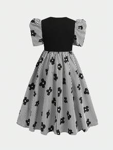 SHEIN Nova Glow 青少年女孩可愛幾何印花拼接短袖純色中長洋裝 - 黑色 - 查看 5