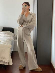 Livesso Tall Setelan Kasual 2 Potong Wanita: Sweater Pullover Longgar dan Celana Panjang Lurus, Warna Beige, Cocok untuk Musim Gugur dan Santai. - Khaki - View 6