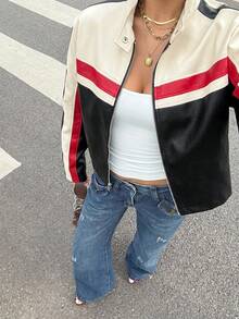 SHEIN EZwear 秋冬拼色PU皮革防風夾克 - 深灰色 - 查看 3