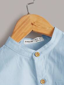 SHEIN 青少年男孩純色長袖單排扣休閒口袋襯衫 - 藍色 - 查看 4