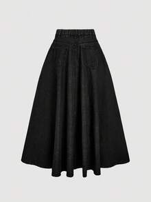 SHEIN MOD 女款鈕扣休閒百搭日常穿著牛仔裙 - 黑色 - 查看 2