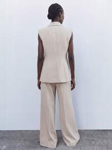 SHEIN Conjunto de 2 piezas para mujer, blazer sin mangas ajustado con hombros acolchados y cintura ceñida, pantalones de pierna recta, moda de oficina para el Día del Maestro, beige, verano - Caqui - Ver 4