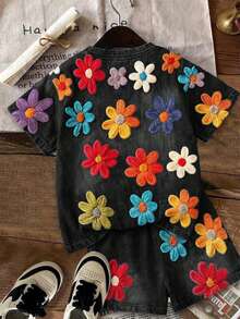 Conjunto de 2 piezas para niña preadolescente, camiseta de manga corta con cuello redondo y shorts holgados, estilo casual y lindo, con textura y estampado floral menudo, todo negro, floral campestre, para verano - Multicolor - Ver 4