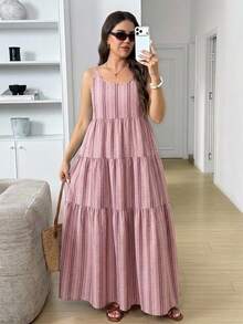 Comfylo Plus Size Women's Striped Ruffle Hem Casual Spaghetti Strap Dress - Multicolor - View 1