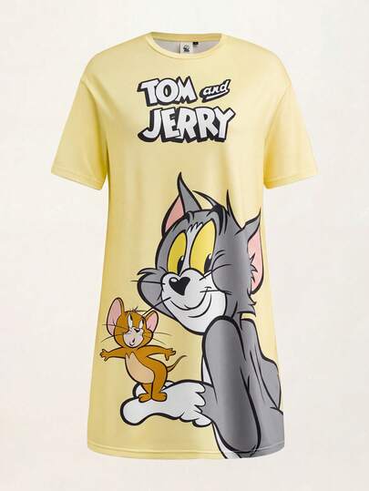 TOM & JERRY X SHEIN Women's Cute Cartoon Print Round Neck Short Sleeve Nightgown