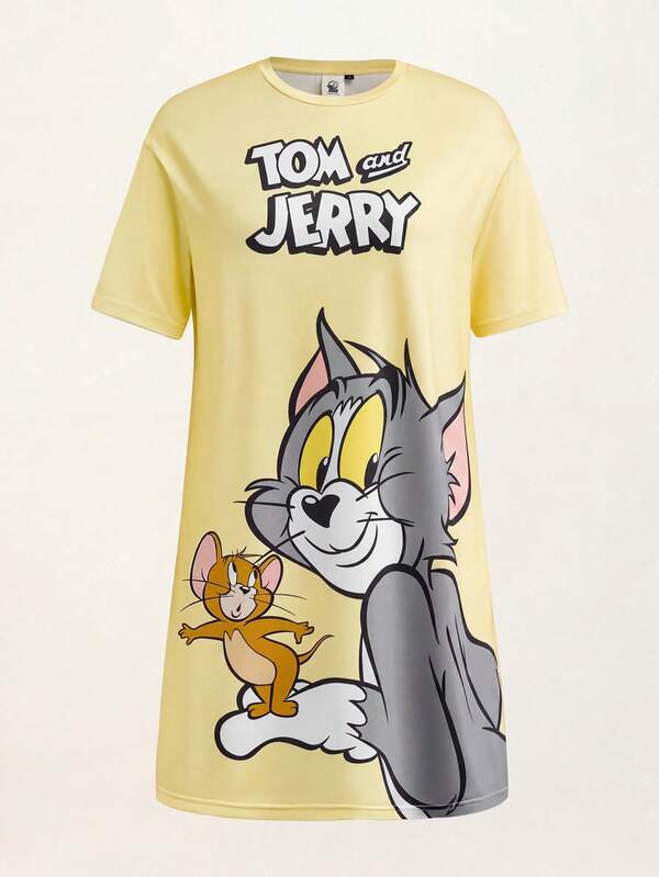 TOM & JERRY X SHEIN Gaun Tidur Wanita Lengan Pendek Leher Bulat Motif Kartun Lucu