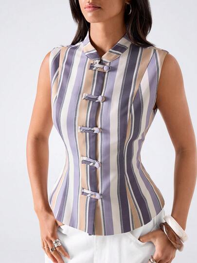 LYSMO Women's Striped Button-Up Design Casual Blazer Vest