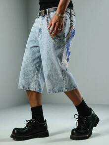 ROMWE MEN Street Life Men's Fish Pattern Embroidered Denim Shorts - Blue - View 5