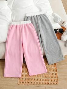 SHEIN Kids Girlism 2件組女童休閒針織運動長褲，對比色腰帶設計，街頭風，純色 - 彩色 - 查看 5