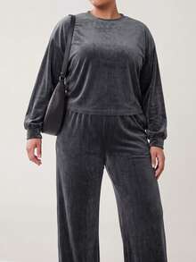 Solavibe Plus Size Autumn Casual Simple Traditional Elegant Solid Color Top And Pants 2 Pieces Set Fall Vacation Formal Black - Grey - View 6