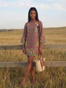 CAJUNI Vacation Casual Tropical Print Mini Dress - Brown - View 5