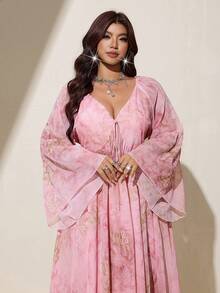 Viva Relle Plus Size Women's Elegant Floral Chiffon Midi Dress, Deep V-Neck With Front Tie Waist, Flared Long Sleeves, Flowy A-Line Full Skirt, For Daily Wear, Party, Wedding Guest, Banquet - Multicolor - View 3