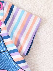 SHEIN Playful Pals 女宝宝夏季卡通独角兽印花条纹圆领短袖休闲二合一T恤连衣裙 - 紫色 - 查看 5