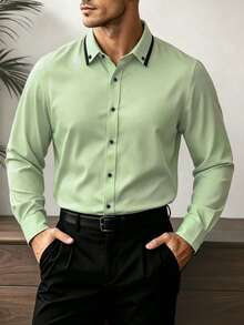Manfinity Mode Men's Solid Color Plain Button Open Long Sleeve Shirt, For Husband, Work, Fall, Old Money Style, Formal - Mint Green - View 3