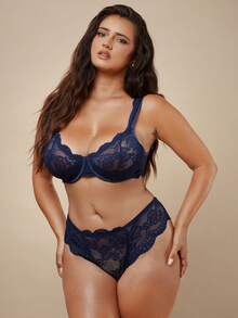 SHEIN BAE CURVE 2pcs/Set Plus Size Lace Sexy Bra And Panty Lingerie Set, Minimalist & Fashionable For Casual And Daily Wear, Lift - Navy Blue - View 4
