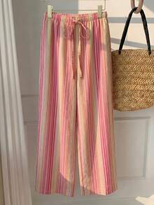 SHEIN EZwear 女款休閒低腰直筒褲，彩色條紋褲，夏季，街頭風，適合日常通勤、約會、聚會、秋冬/夏季、派對、婚禮、海灘、畢業典禮、優雅、休閒、外出、Y2K、音樂節、假期、返校、度假 - 彩色 - 查看 3