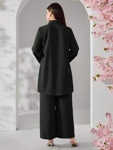 Veilorie 女款純色百褶長袖上衣與長褲休閒端莊優雅日常兩件套茶會日常穿著黑色秋季 - 黑色 - 查看 2