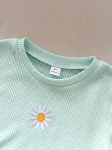 SHEIN Playful Pals 女童返校休閒可愛圓領標準肩寬彩色波點彩虹印花T恤與純色牛仔裙套裝，夏季 - 藍色 - 查看 4