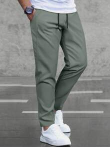 Manfinity Homme Men's Casual Drawstring Waist Solid Color Pants - Dark Green - View 6