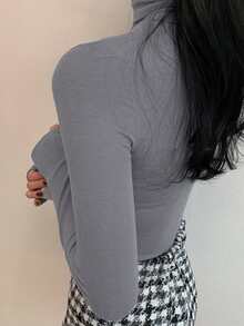 DAZY Women's High Neck Embroidered Fitted Base Layer T-Shirt - Grey - View 6