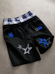 TOKVUE 春季藍色休閒印花男士寬鬆短褲，附星星刺繡圖案 - 黑色 - 查看 1