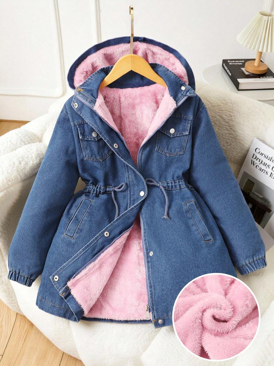 SHEIN Sparklyn 女童休閒連帽牛仔厚外套,腰部抽繩設計,側邊斜口袋,彈性袖口,適合上學、購物、散步、旅行、外出,可搭配長袖毛衣、運動褲、長褲 - 粉色 - 查看 1