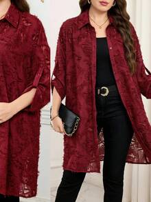 Reflora Plus Size Elegant Commuter Solid Color Textured Shirt - Red - View 8