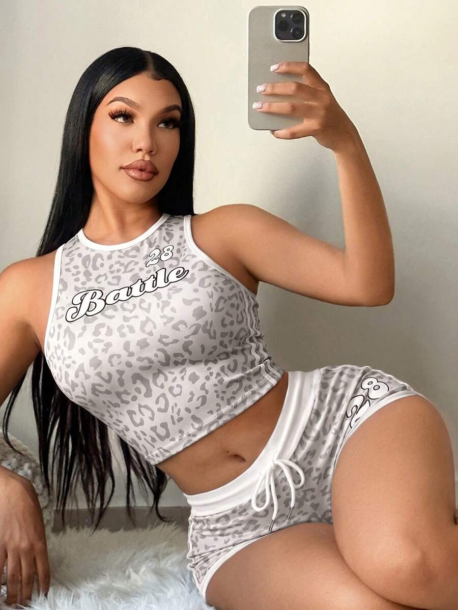 SHEIN SXY 女款字母豹紋短版背心與短褲休閒兩件套 - 彩色 - 查看 1