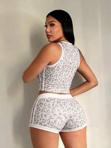 SHEIN SXY 女款字母豹紋短版背心與短褲休閒兩件套 - 彩色 - 查看 2