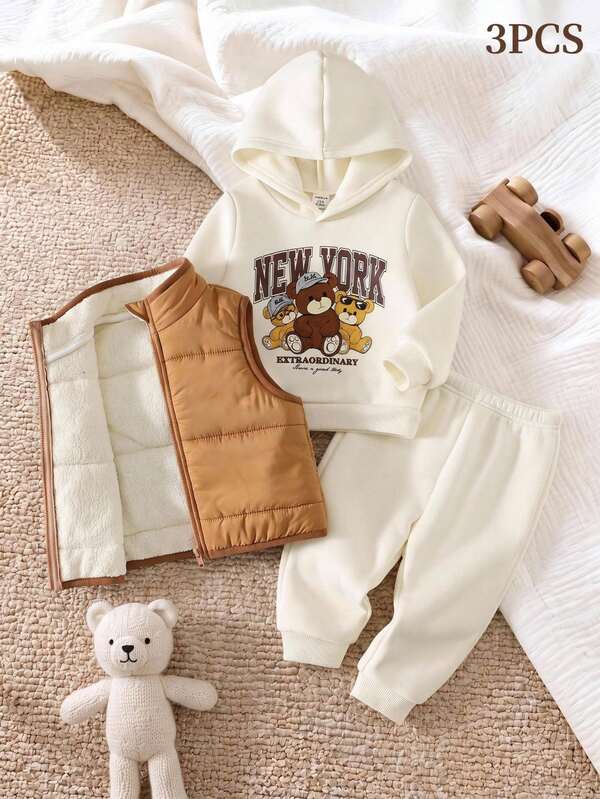 3pcs/Set Baby Boy Autumn/Winter Cute Casual Knitted Printed Pattern Hooded Sweatshirt, Long Pants, Fleece Vest Jacket Set, Autumn/Winter Outfit, Infant Outfit, Cute Outfit