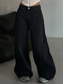 DAZY Celana Jeans Wanita Polos dengan Kancing Depan dan Saku, Model Kasual untuk Sehari-hari, Gaya Y2k - Hitam - View 4